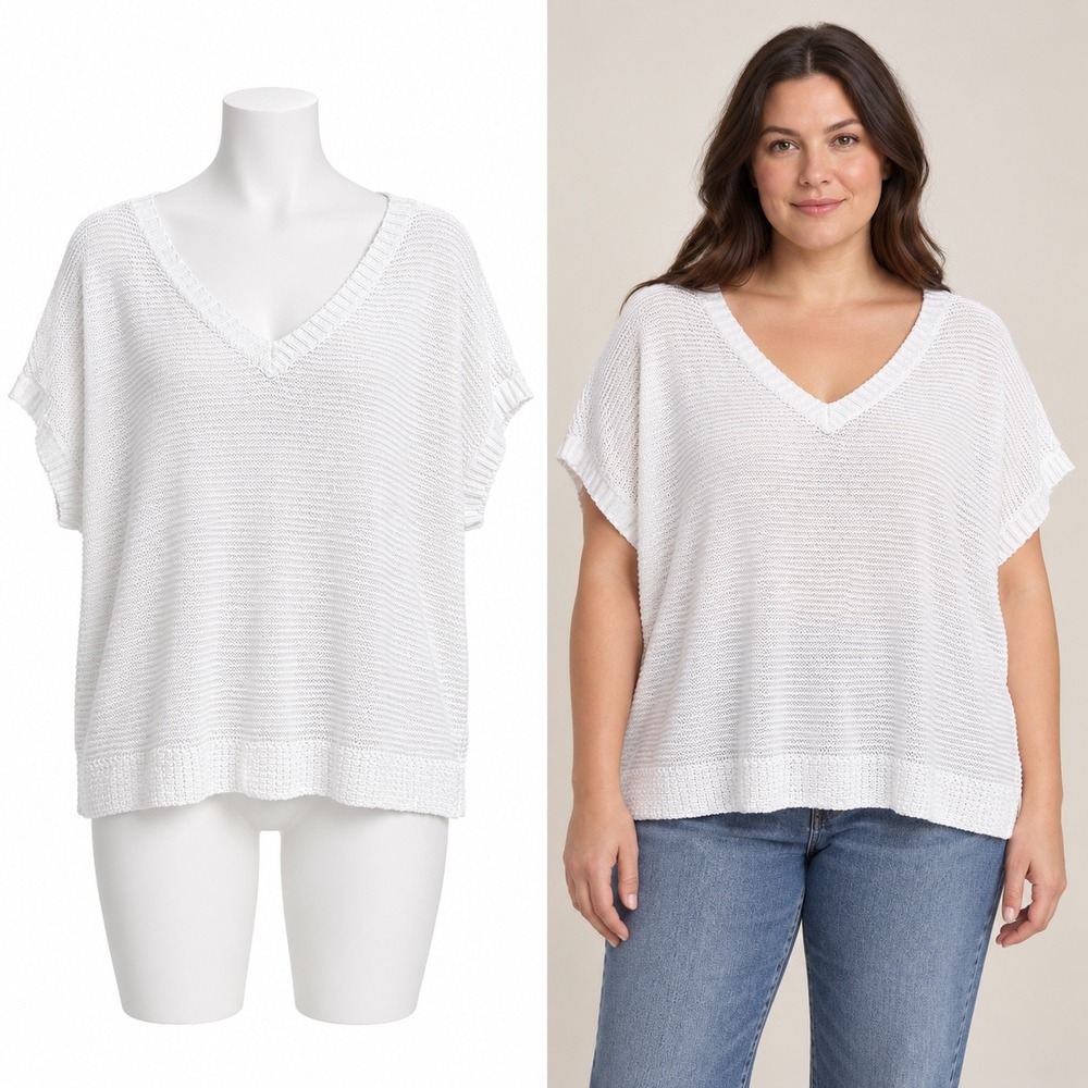 Lauren Ralph Lauren Sweater Women XL White V Neck Dolman Short Sleeve Open Knit